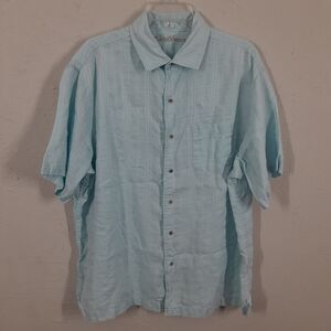 Caribbean Adult Mens XL Blue Linen Cotton Short Sleeve Button Up Shirt Outdoor